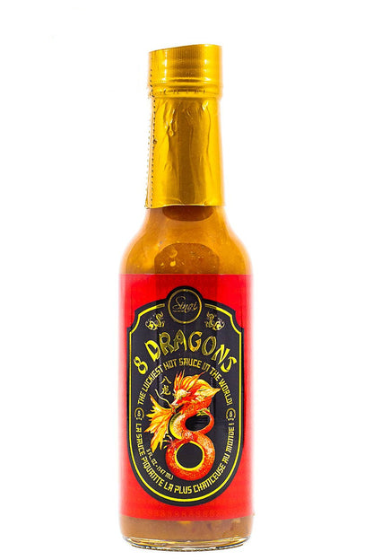 Hot sauce bottle with red label and gold cap on white background, '8 Dragon's' brand visible.