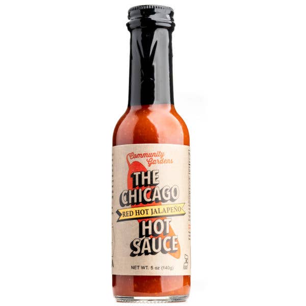Bottle of The Chicago Hot Sauce with a white background