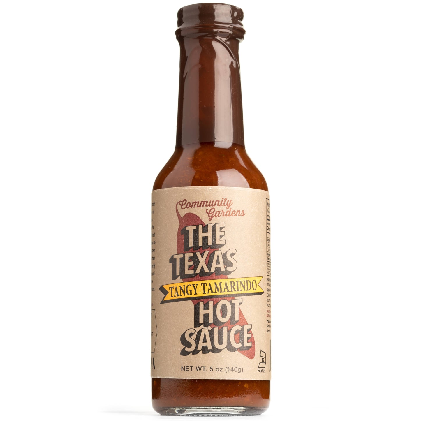 Bottle of 'The Texas Tangy Tamarindo Hot Sauce' with a brown label on a white background