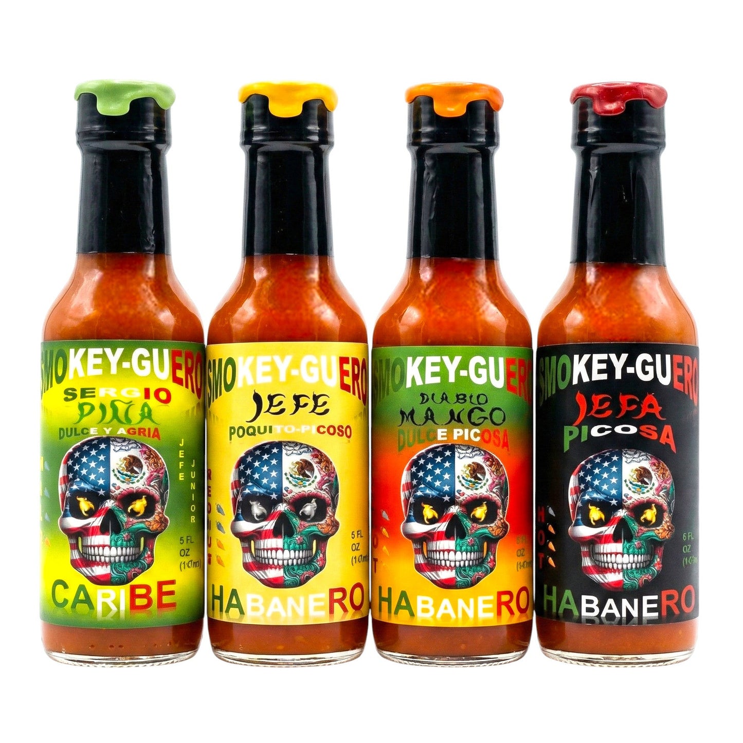 Four bottles of Key-Guero hot sauce with colorful labels featuring skull designs on a white background.
