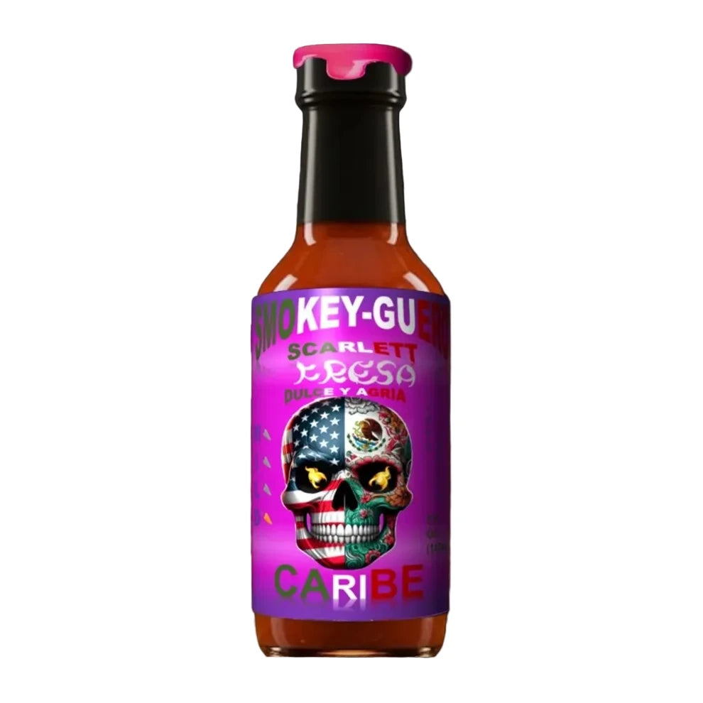 Smokey Guero Fresa Hot sauce bottle with colorful label featuring a skull design on a white background