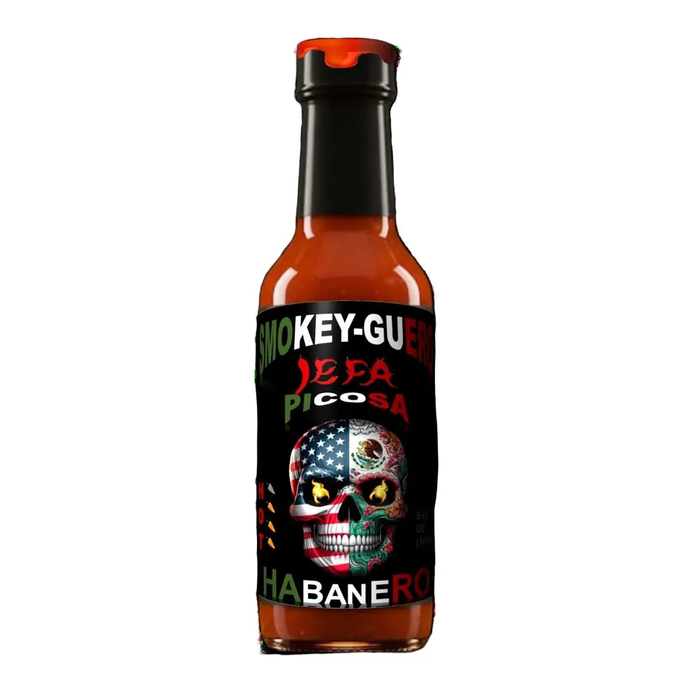 Smokey Guero Jefa Picosa hot sauce bottle with skull design and text on a white background