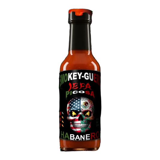 Smokey Guero Jefa Picosa hot sauce bottle with skull design and text on a white background