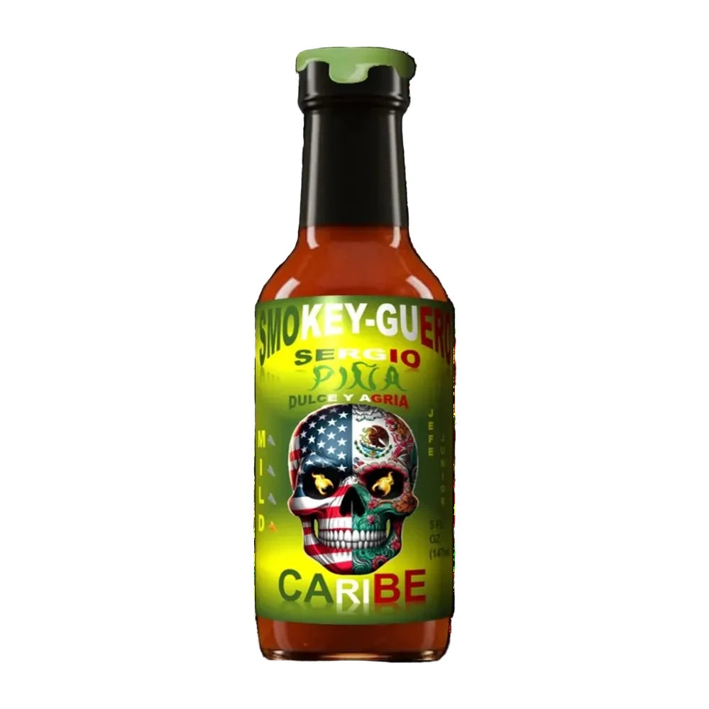 Smokey Guero Pina Hot Sauce bottle with colorful label featuring a skull design on a white background