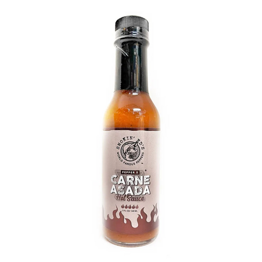 A bottle of Smokin Ed's Carne Asada Hot Sauce on a solid white background. The bottle contains a reddish-brown sauce and features a black cap and a beige label with the product name in bold white and black text.