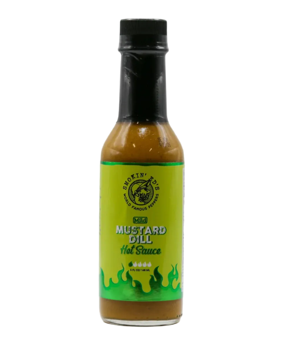 A bottle of Smokin Ed's Mustard Dill Mild Hot Sauce, featuring a bright lime green label with black text and flame graphics, filled with brown sauce 