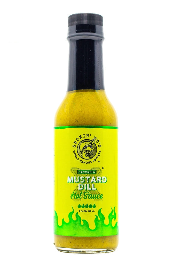 A bottle of Shakin' Tidd's Classic Mustard Dill Hot Sauce on a white background, featuring a yellow and green label with a black cap. A yellow 'WHOLESALE' logo is visible in the top-left corner.