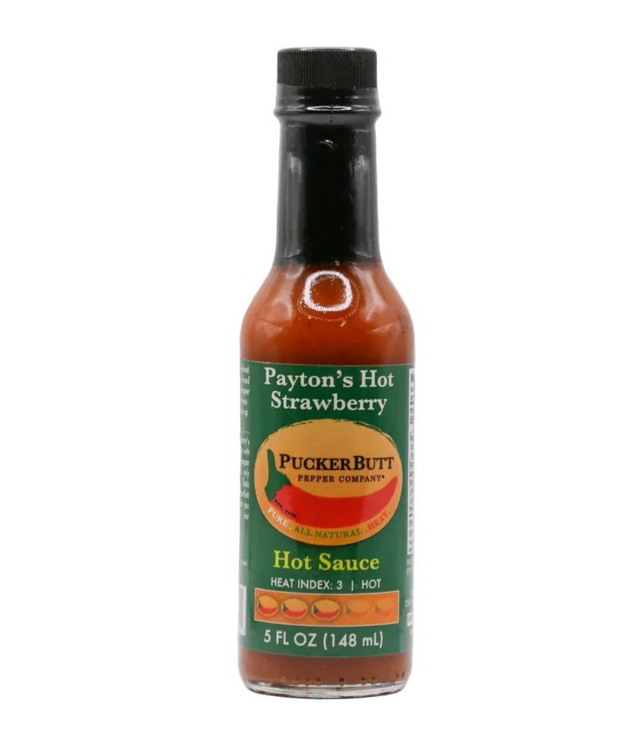 A 5 fl oz bottle of Payton's Hot Strawberry sauce by Pucker Butt Pepper Company, featuring a green label and black cap on a light gray background.