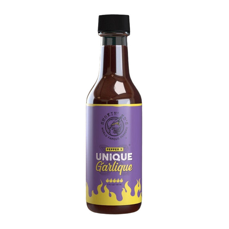 Bottle of Smokin Ed's Unique Garlic hot sauce with a purple label 