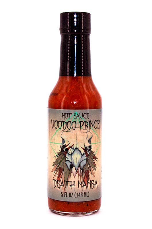Voodoo Prince Death Mamba hot sauce bottle on a white background