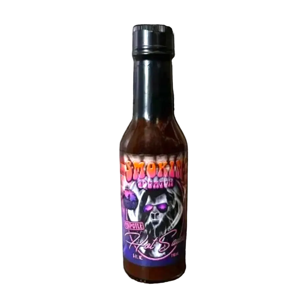 Smokin Squatch Chipotle Hot sauce bottle with a colorful label featuring a skull on a white background