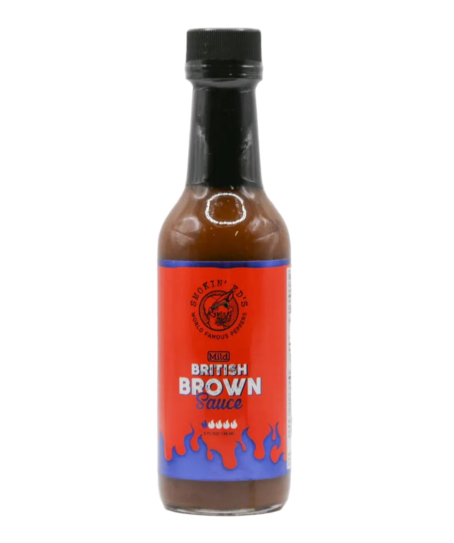 A bottle of British Brown Sauce by Savory's BBQ, featuring a red label with blue accents and a black cap, set against a plain light gray background.