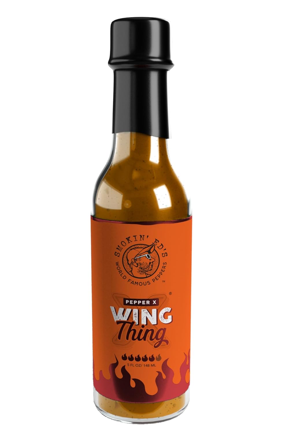 Bottle of 'Pepper's Wing Thing' hot sauce with an orange label on a white background