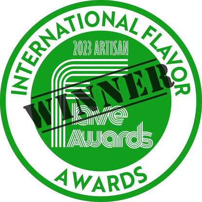 Green badge with '2023 Artisan International Flavor Awards Winner' text on a white background