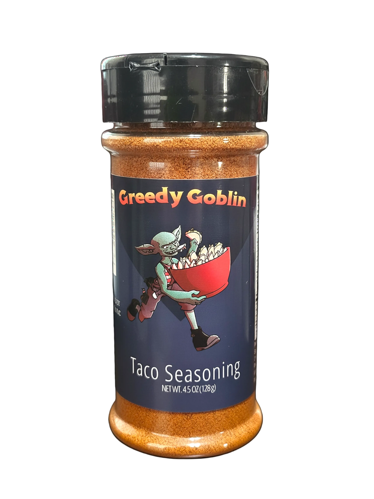 Spice jar labeled 'Greedy Goblin Taco Seasoning' on a white background