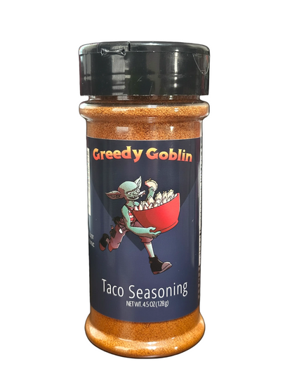 Spice jar labeled 'Greedy Goblin Taco Seasoning' on a white background