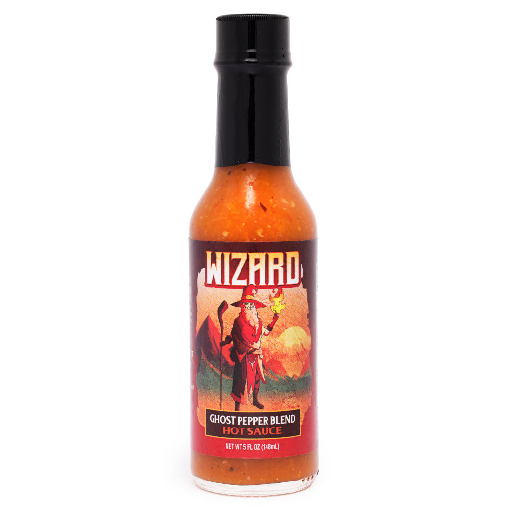 Wizard Hot sauce bottle with a colorful label featuring a wizard character on a white background