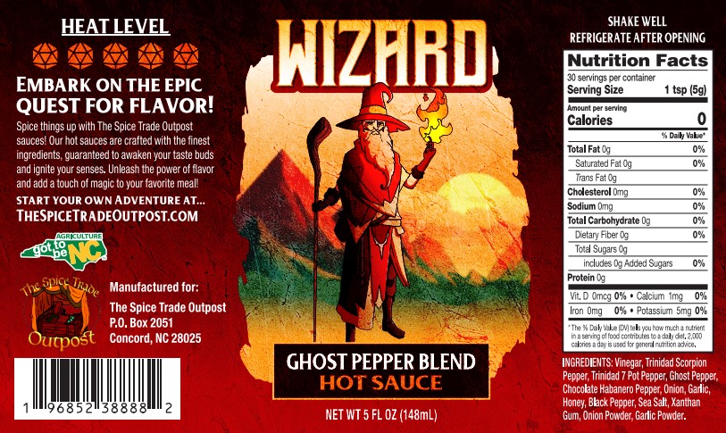 Hot sauce label with wizard graphic and text on a red background