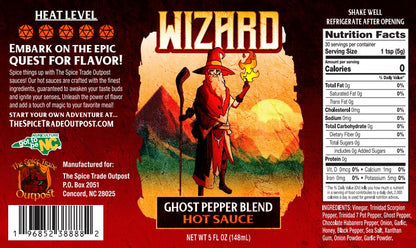 Hot sauce label with wizard graphic and text on a red background