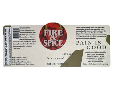 Label of Fire & Spice hot sauce with text and branding on a white background