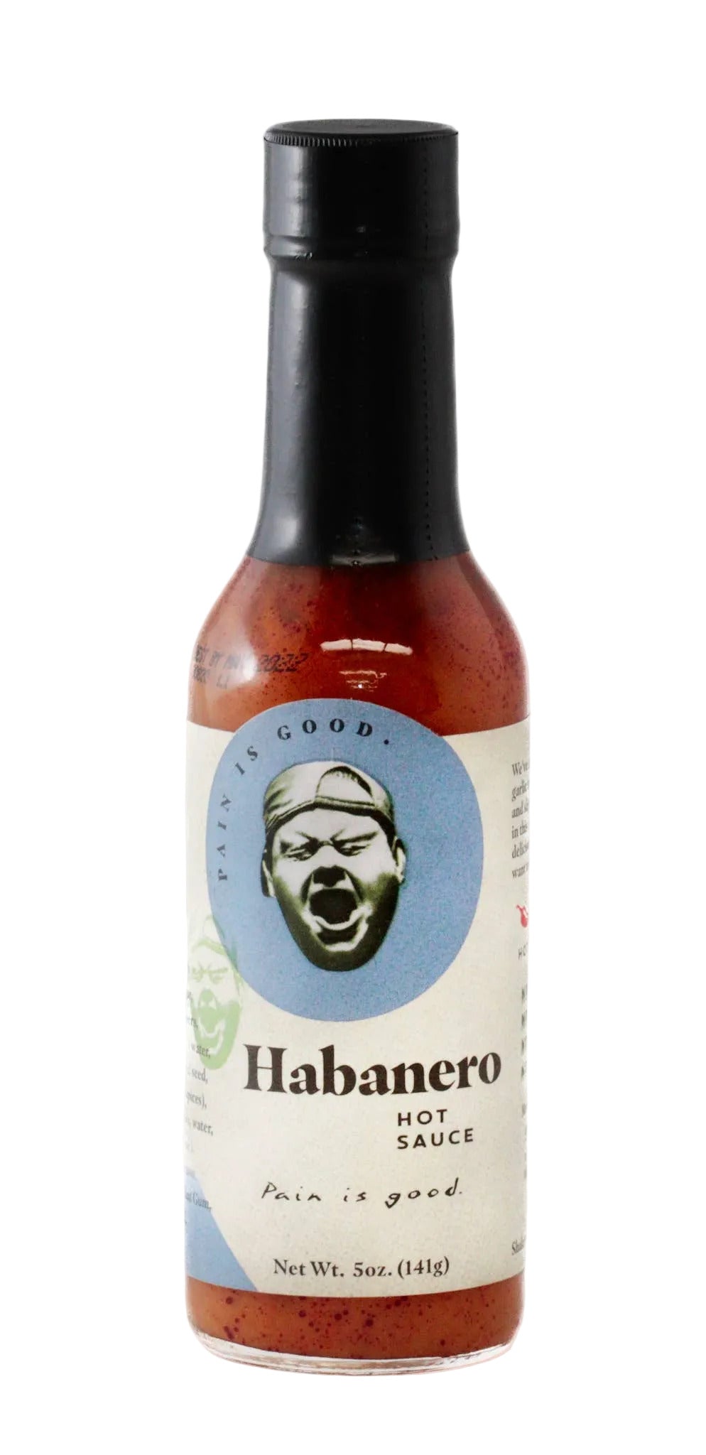 Habanero hot sauce bottle with a label featuring a face and text on a white background