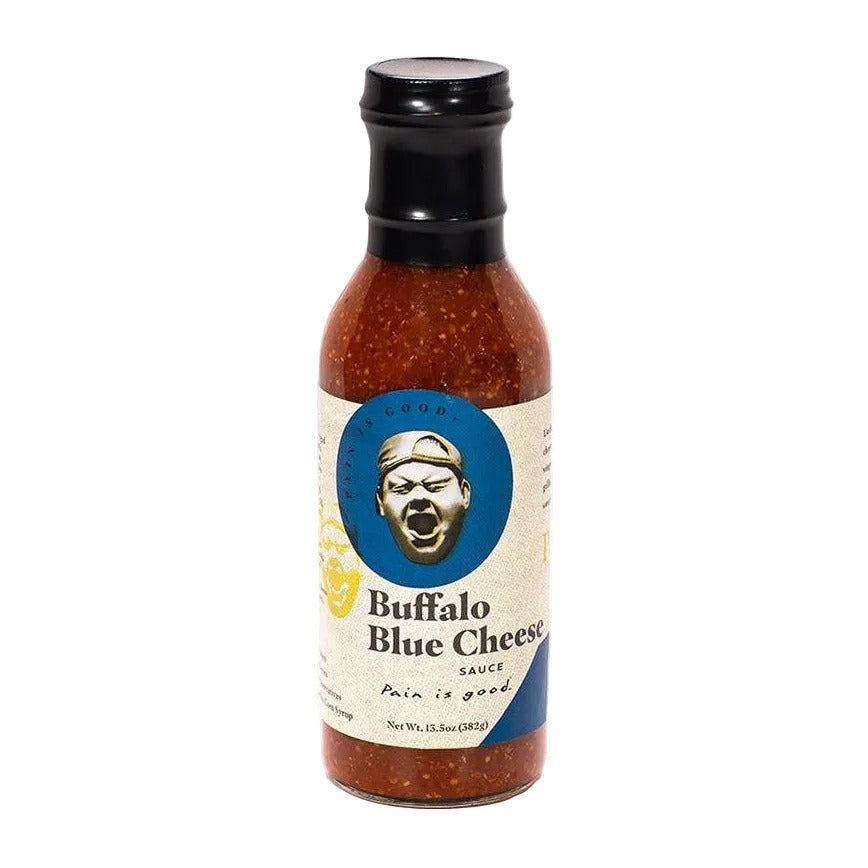 Bottle of Buffalo Blue Cheese sauce with a label featuring a face on a white background