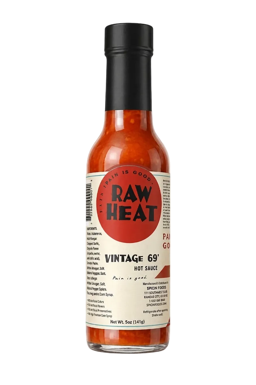 Bottle of Raw Heat hot sauce on a white background