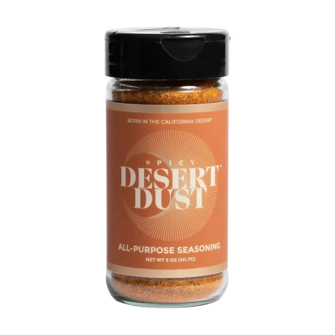 Jar of Spicy Desert Dust all-purpose seasoning on a white background
