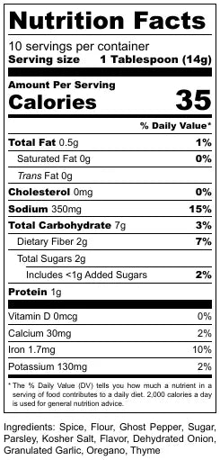 Nutrition facts label for a product with serving size, calories, and detailed nutritional information.