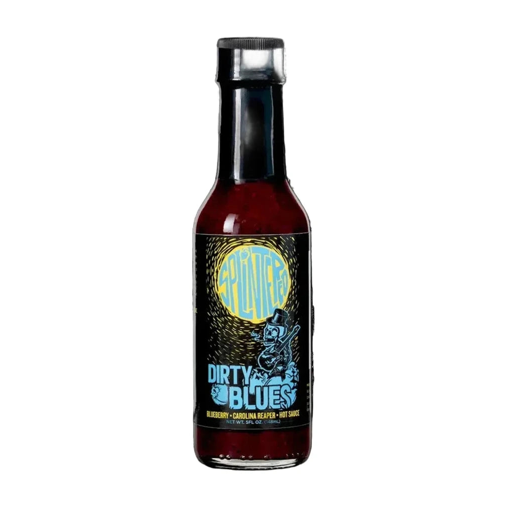 Bottle of Dirty Blues hot sauce on a white background