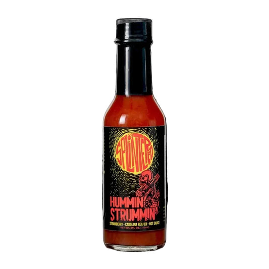 Splintered Hummin Strummin Hot sauce bottle with a label on a white background