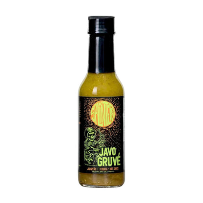 Bottle of Javo Gruve hot sauce on a white background