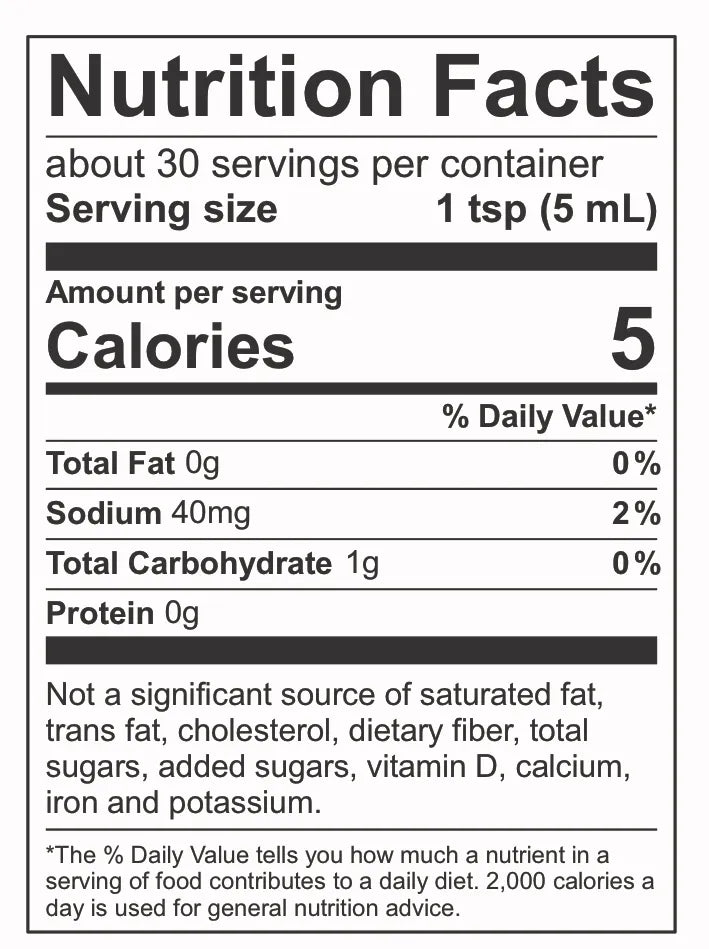 Nutrition facts label for Splintered Jazz Berry hot sauce with serving size, calories, fat, sodium, carbohydrate, and protein information.