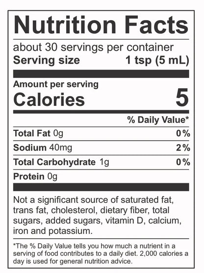 Nutrition facts label for Splintered Jazz Berry hot sauce with serving size, calories, fat, sodium, carbohydrate, and protein information.