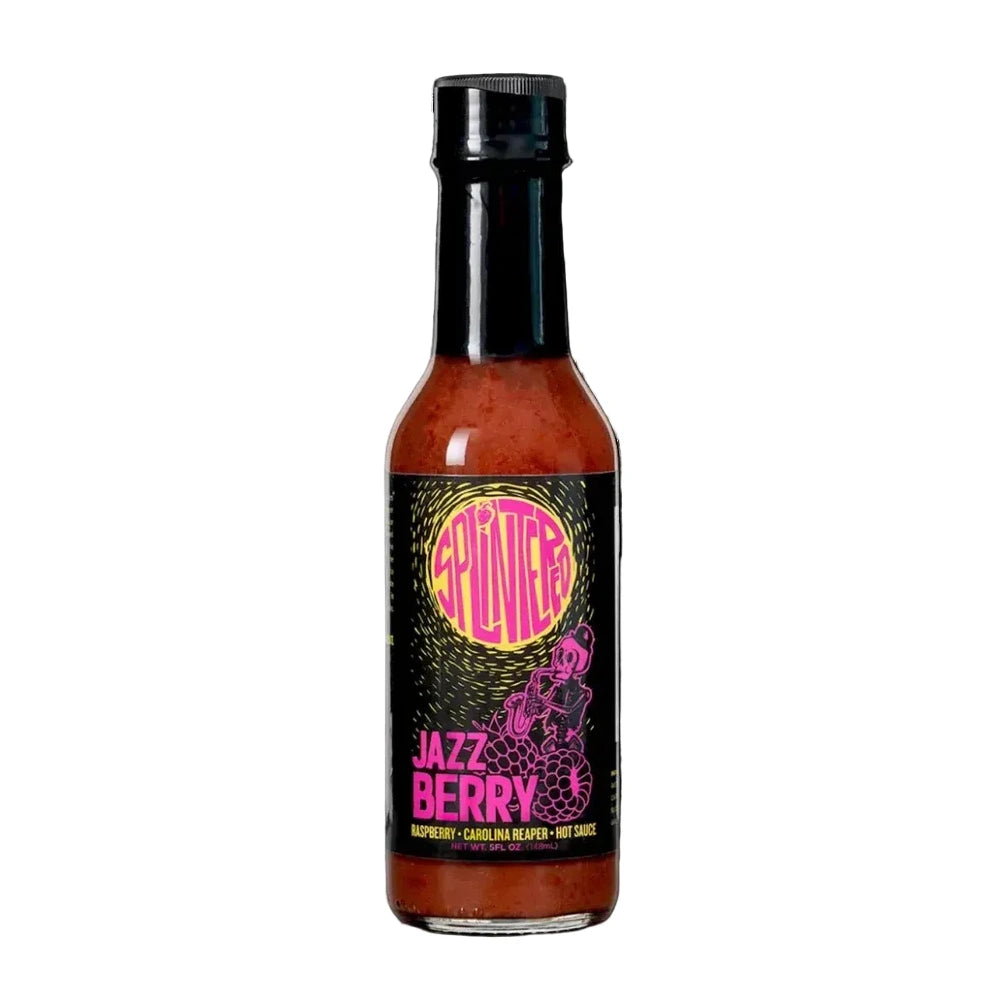 Bottle of 'Jazz Berry' hot sauce with a black label on a white background