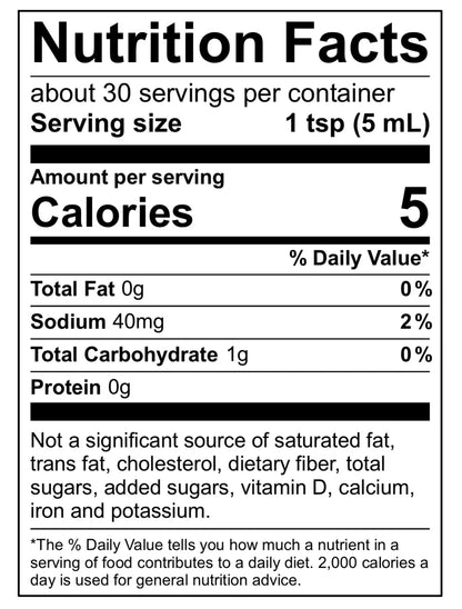 Nutrition facts label for a product with serving size, calories, and nutritional content.