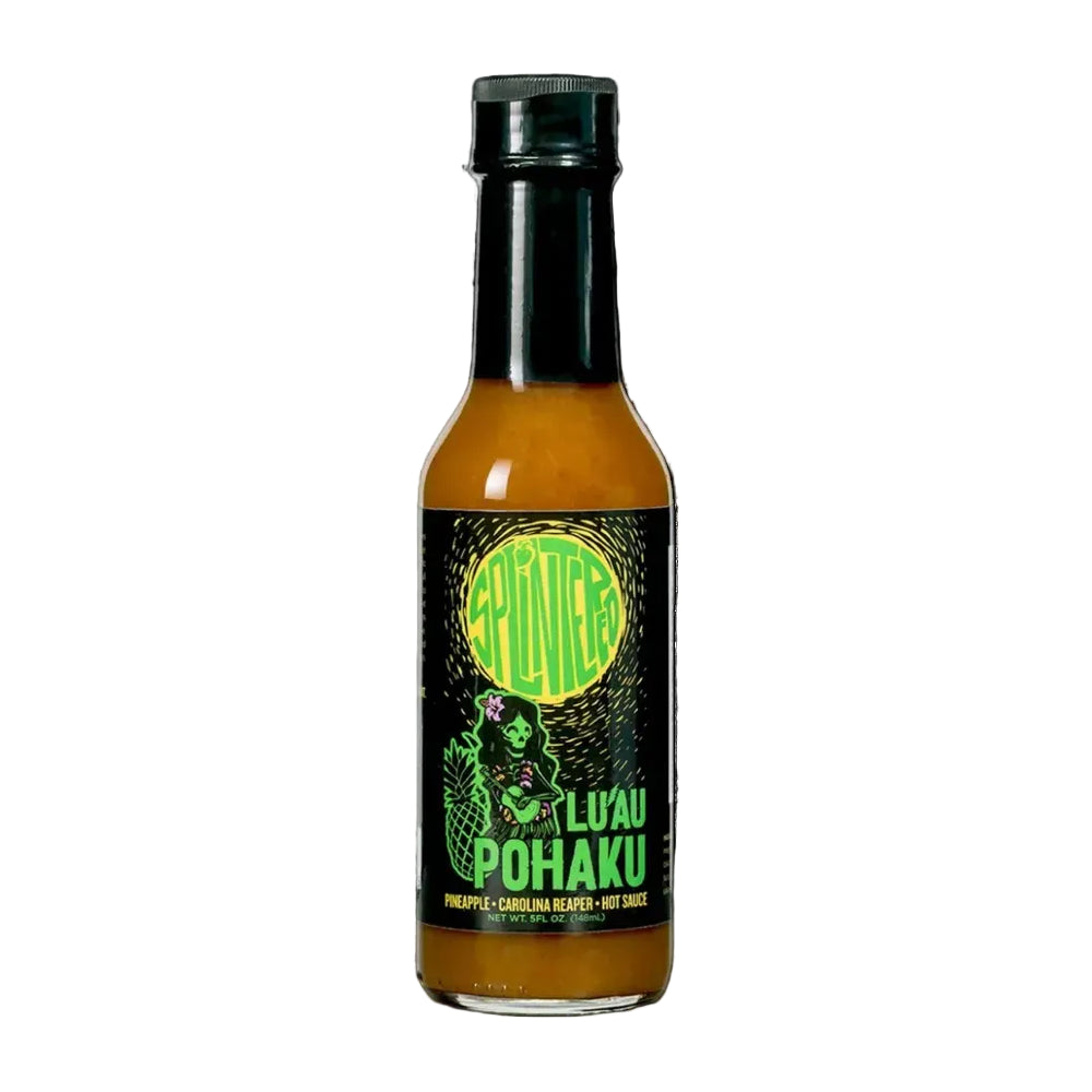 Hot sauce bottle with a green label on a white background