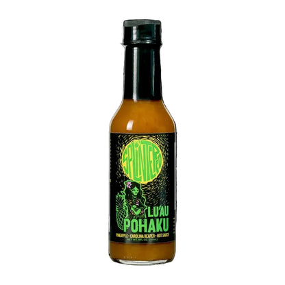 Hot sauce bottle with a green label on a white background