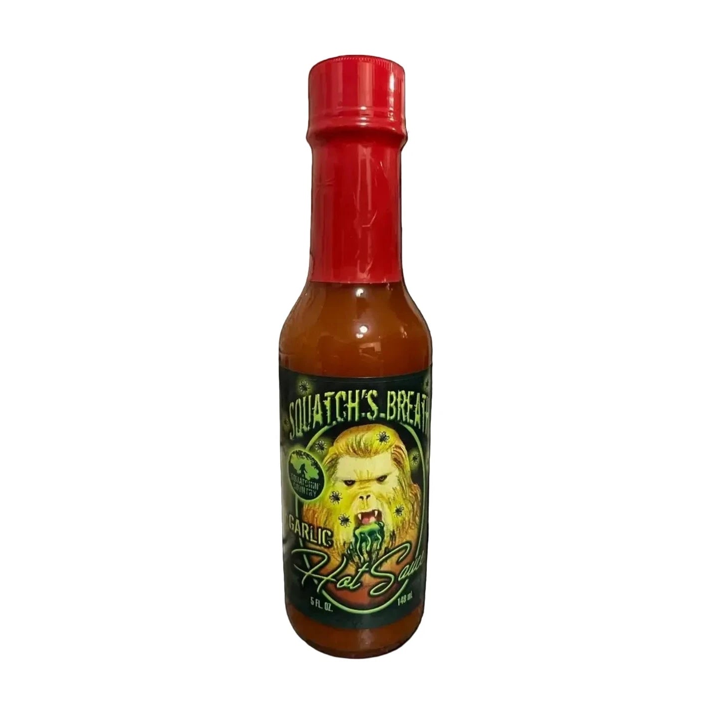 Squatch's Breath Hot sauce bottle with red cap and colorful label on a white background