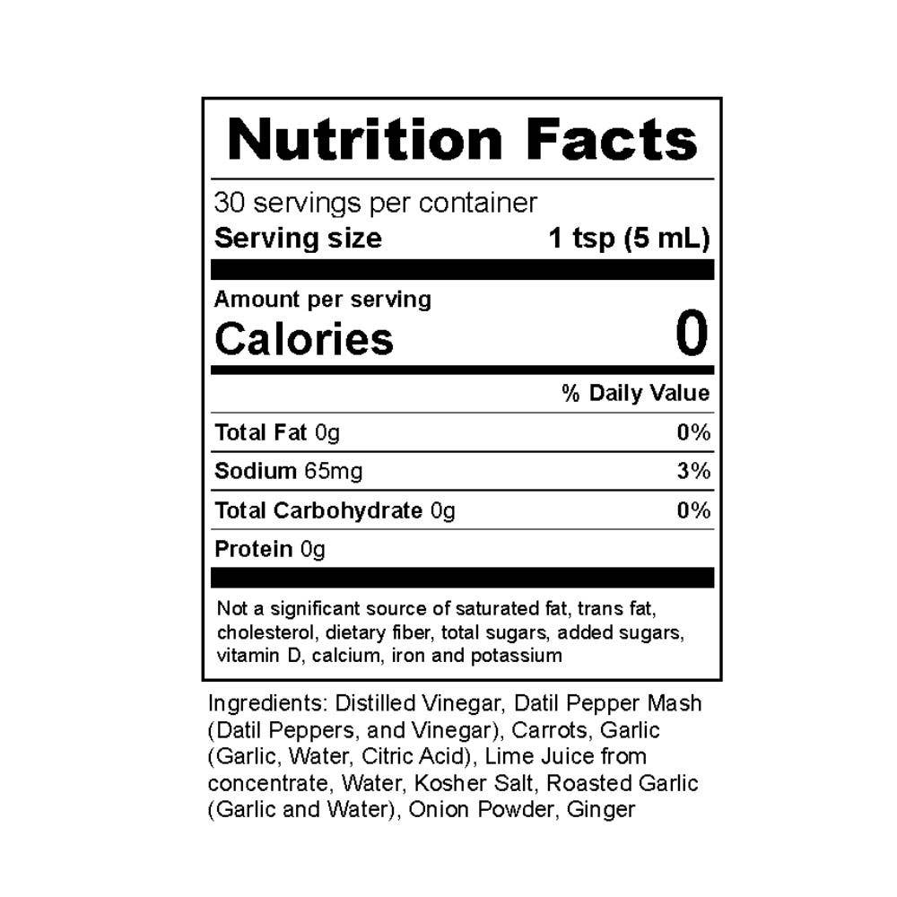 A Nutrition Facts label for a food product showing 0 calories per serving, with ingredient text below on a white background.