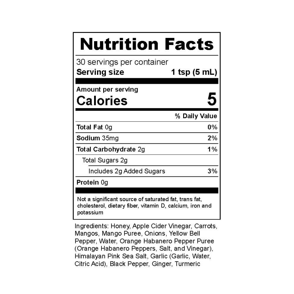 A Nutrition Facts label for a hot sauce product, showing serving size 1 tsp (5 mL), 5 calories per serving, and a list of ingredients including honey, apple cider vinegar, carrots, mango puree, onions, yellow bell pepper, water, orange habanero pepper puree, salt, vinegar, pink sea salt, garlic, ginger, and turmeric.