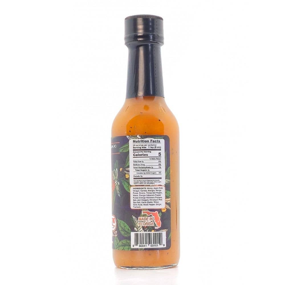 A bottle of Florida Hot Sauce shown from the back, featuring the nutrition facts label and a black cap, set against a plain white background.