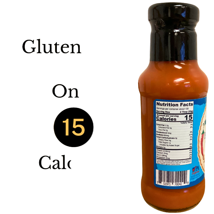 Bottle of gluten-free Stello Buffalo Ranch hot sauce with nutrition facts label 