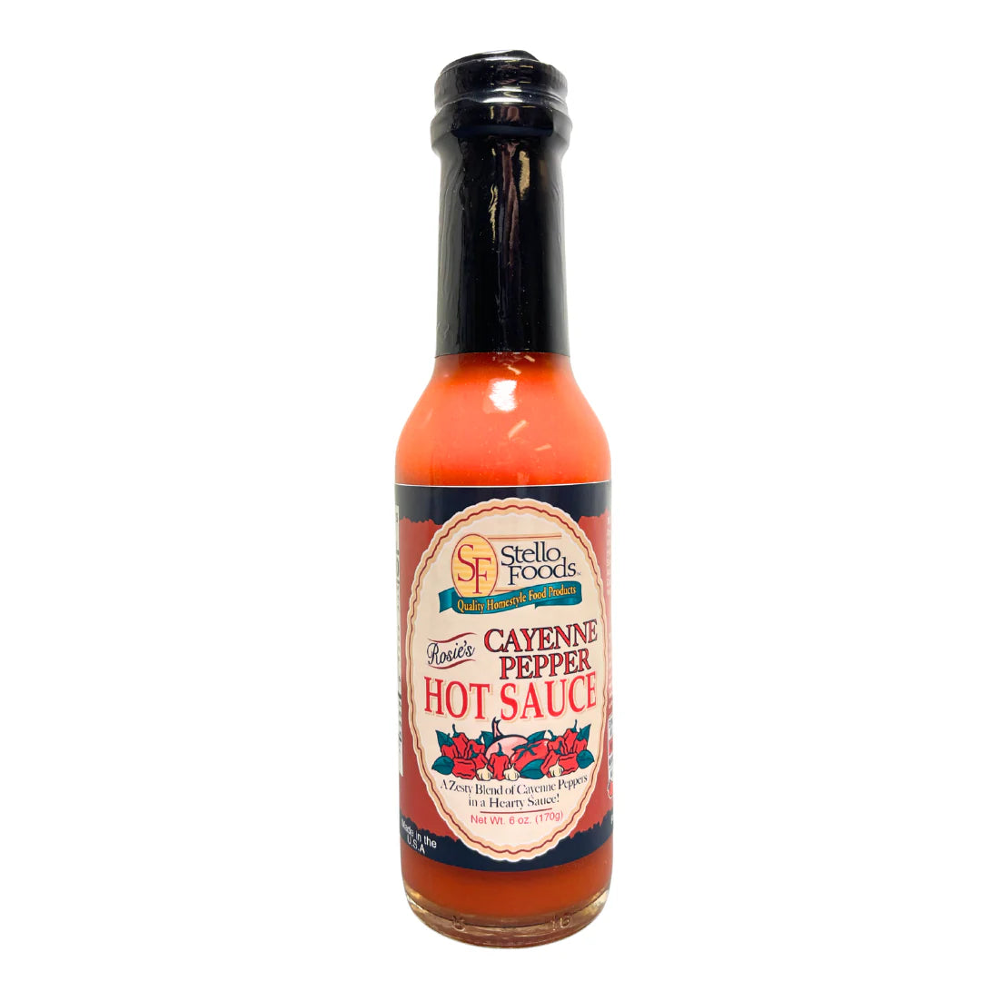 Bottle of Stella Foods Cayenne Pepper Hot Sauce on a white background