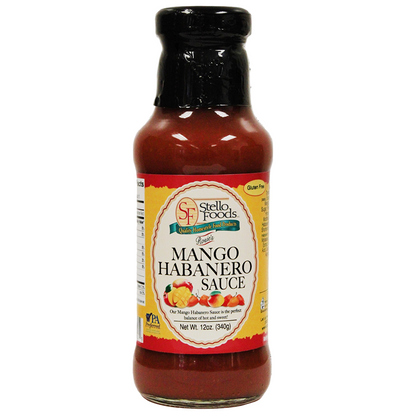 Bottle of Stella Foods Mango Habanero Sauce on a white background
