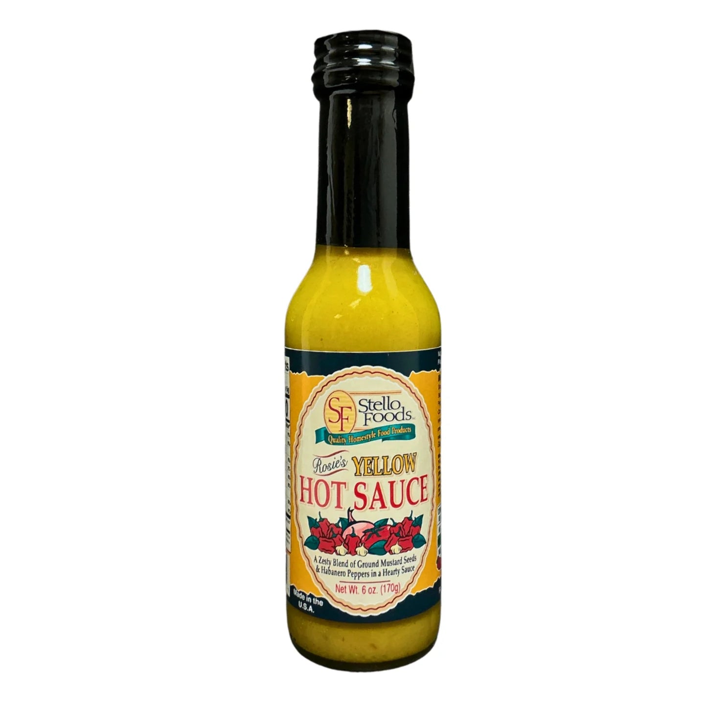 Bottle of Stello Foods Yellow Hot Sauce on a white background