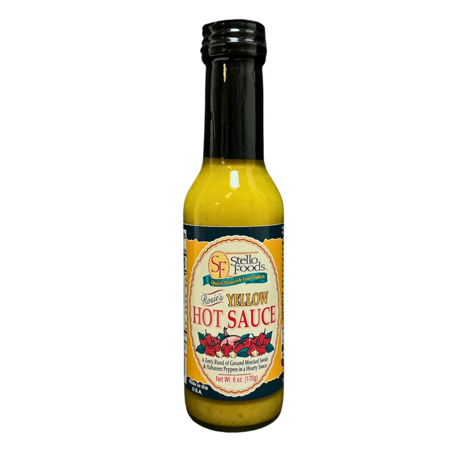Bottle of Stello Foods Yellow Hot Sauce on a white background