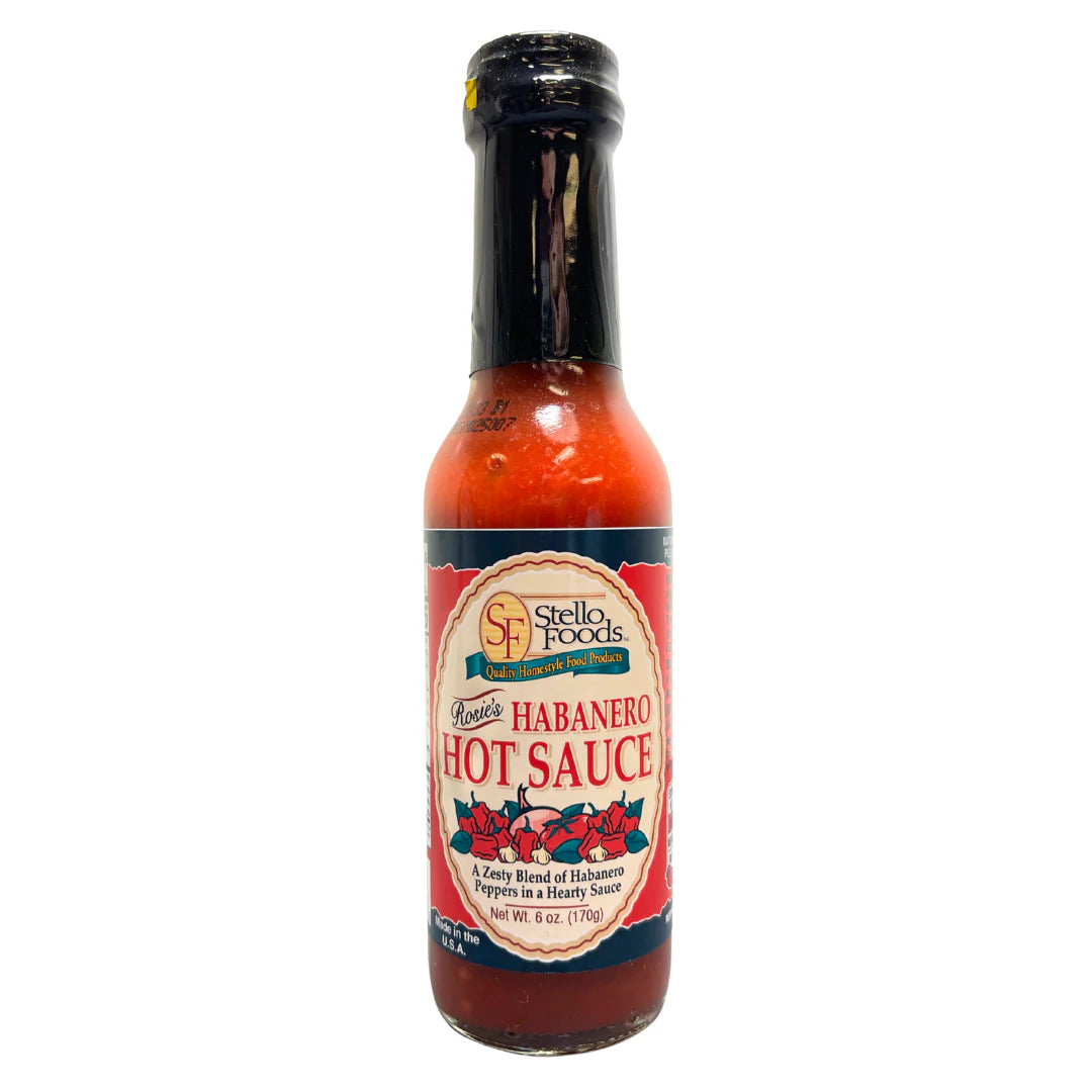 Bottle of Stello Foods Habanero Hot Sauce on a white background