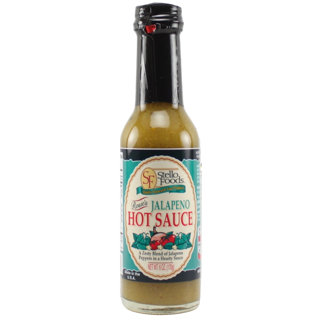 Bottle of Stello Foods Jalapeno Hot Sauce on a white background