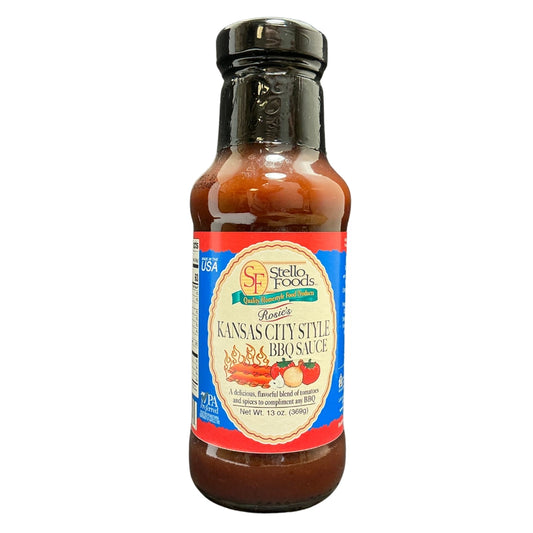 Bottle of Stella Foods Kansas City Style BBQ Sauce on a white background